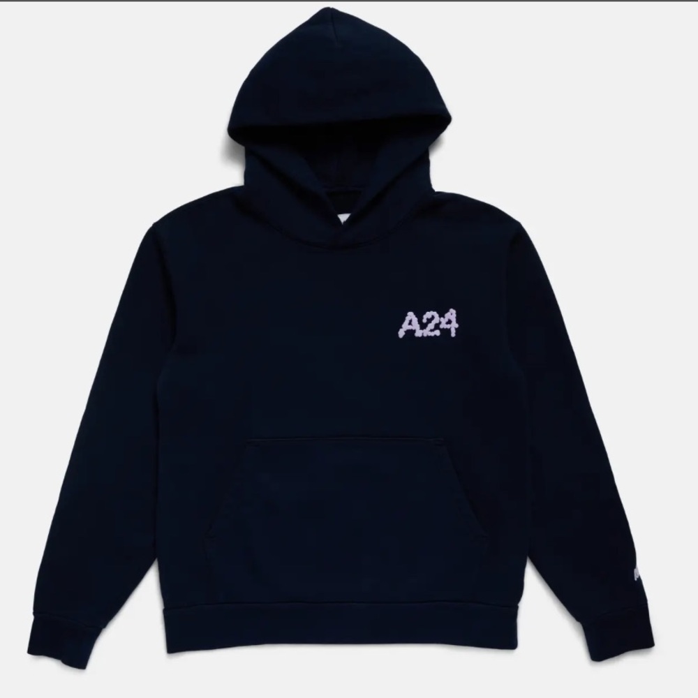 A24 Films Navy Dot Hoodie size Small Lilac Puff Print Floral Kangaroo Pocket